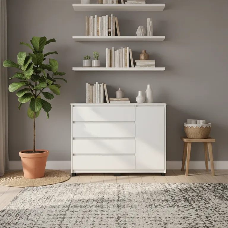 Cómoda 1 Puerta 4 Cajón(es) Coimbra 135x104.7x44.5 cm Blanco