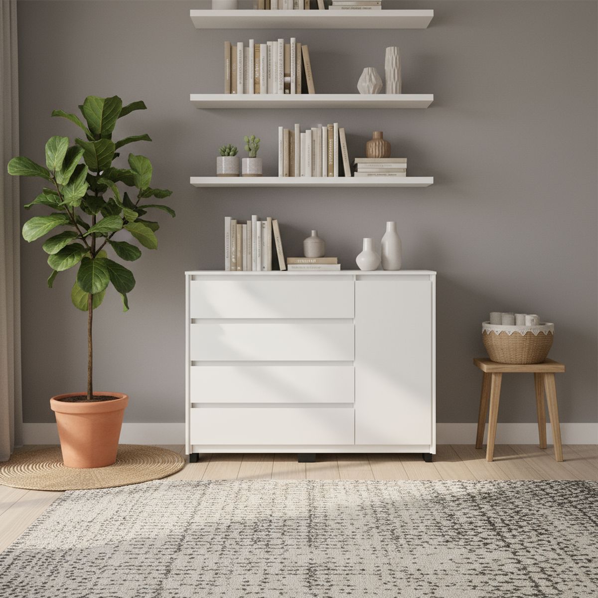 VEKKAHOME - Cómoda 1 Puerta 4 Cajón(es) Coimbra 135x104.7x44.5 cm Blanco