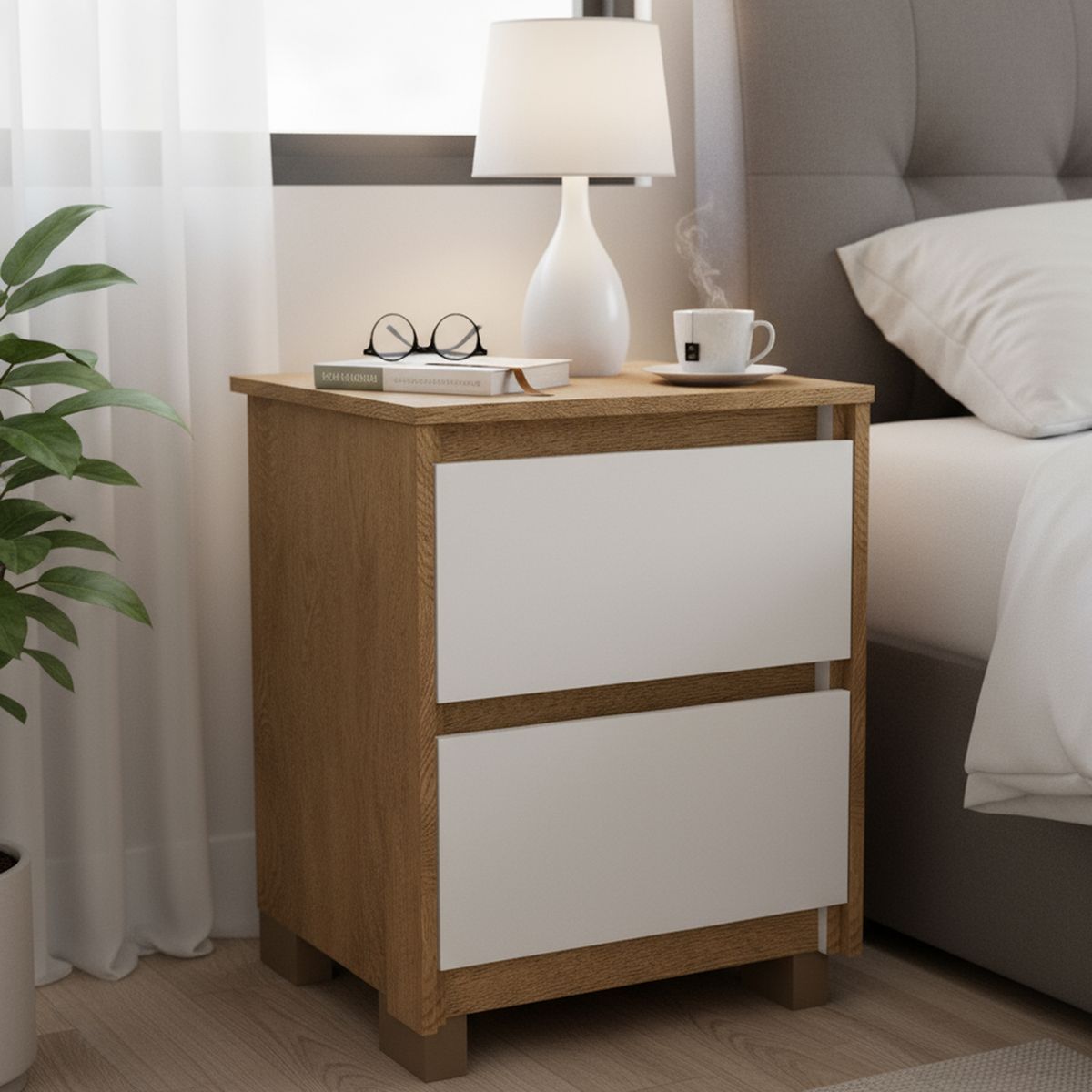 VEKKAHOME - Velador 2 Cajón(es) Coimbra 44.5x59.8x44.5 cm Café