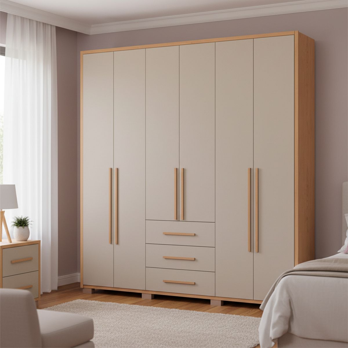 VEKKAHOME - Clóset Safira 6 Puerta(s) 3 Cajón(es) 7 Repisa(s) 212.3x222x47 cm Crema