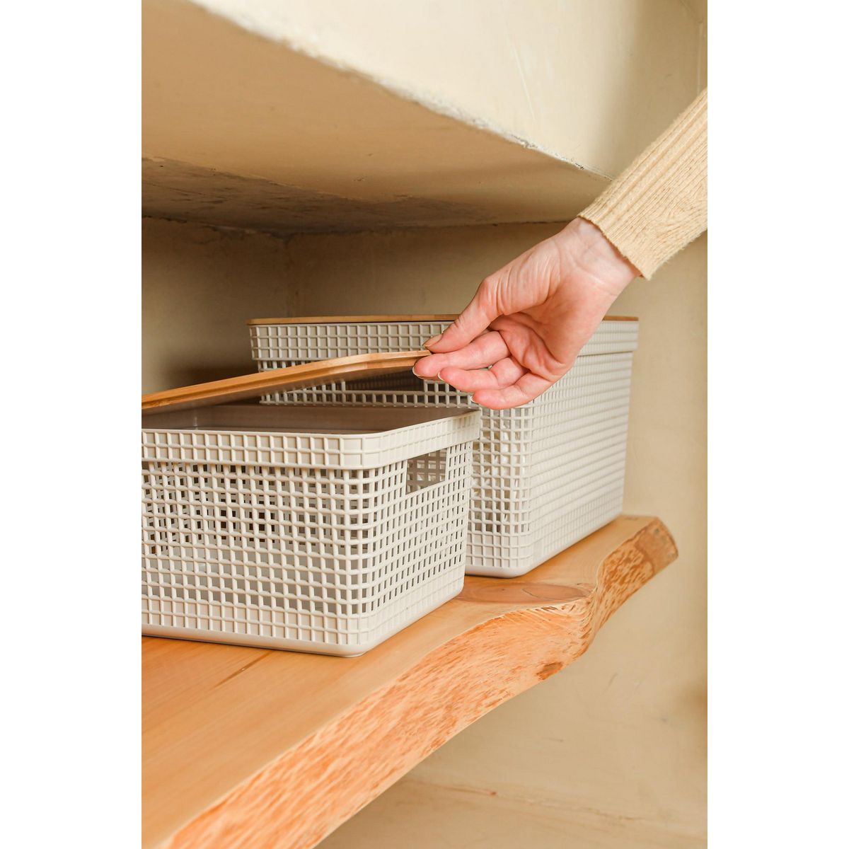 OU - Cesta Grid tapa bambú 8 l blanco