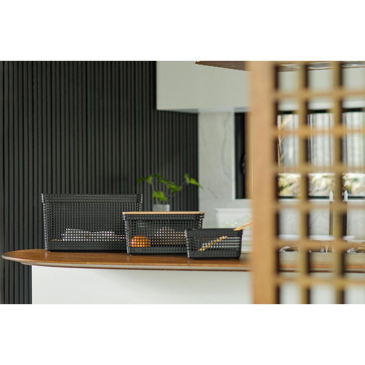 OU - Cesta Grid tapa bambú 8 l negro