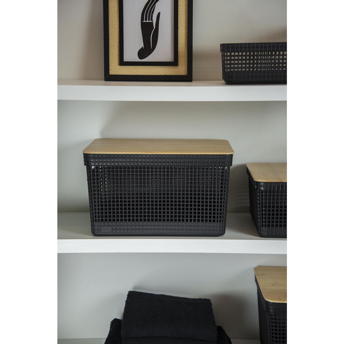 OU - Cesta Grid tapa bambú 20 l negro