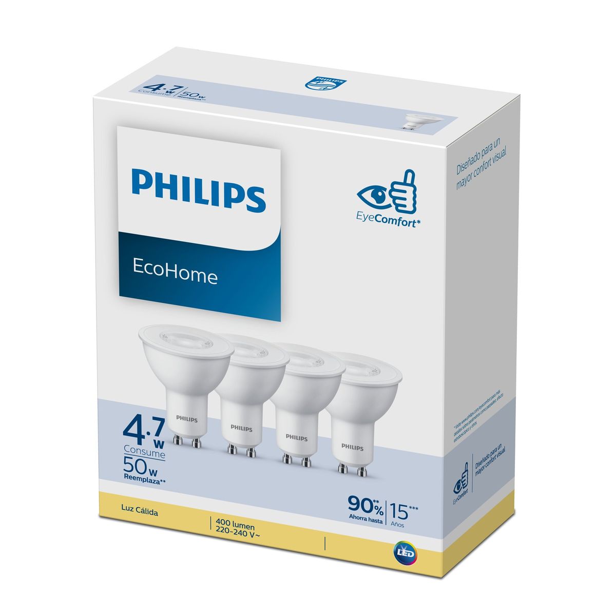 PHILIPS - Pack 4 Ampolletas Led Ecohome 4.7 W GU10 400 lm Luz Cálida