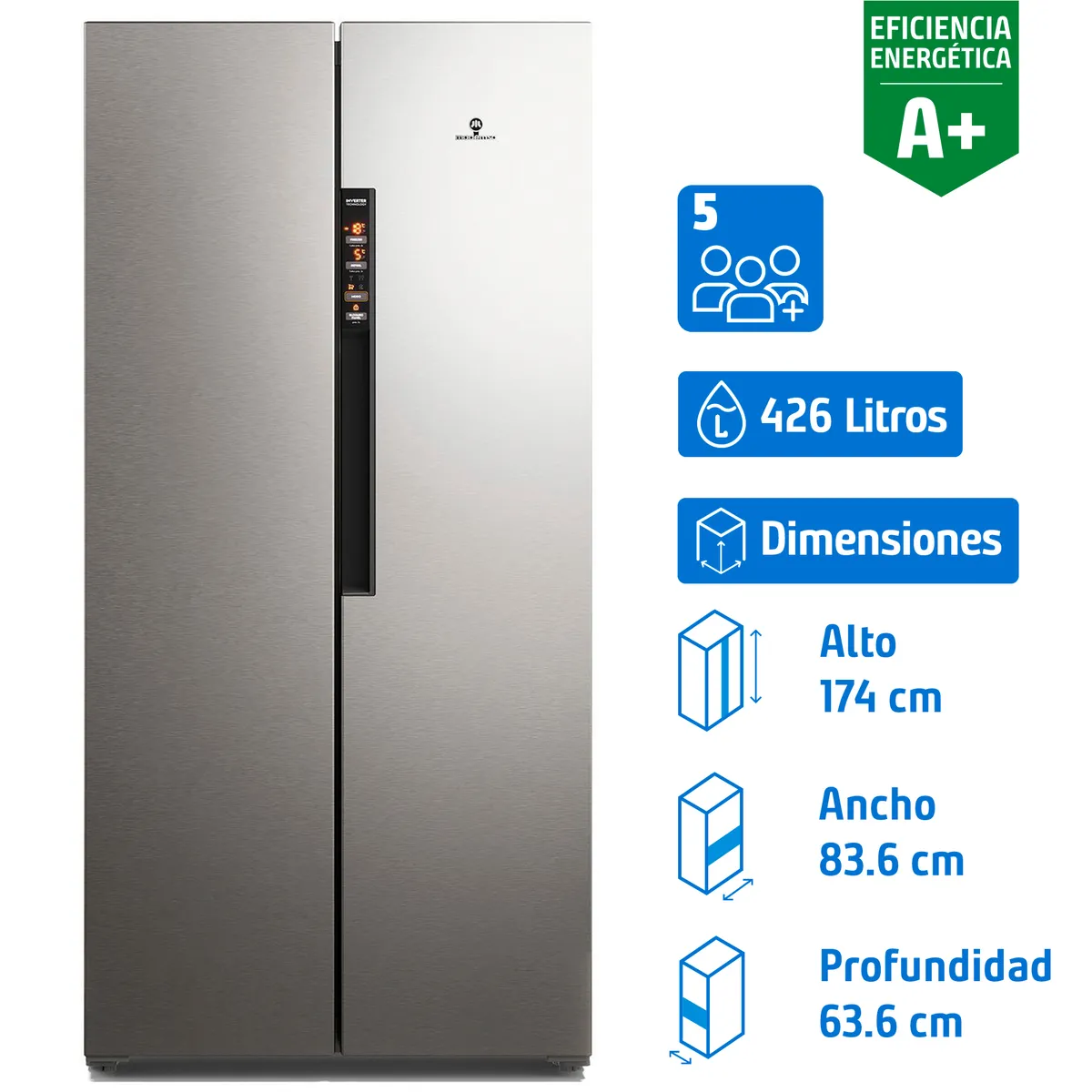 MADEMSA - Refrigerador 2 Puertas Side by Side No Frost 426 Litros Inox MAS430