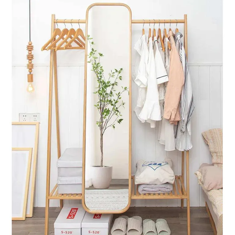 IMPORTADORA USA Perchero Organizador de Ropa con Espejo Bambú Café