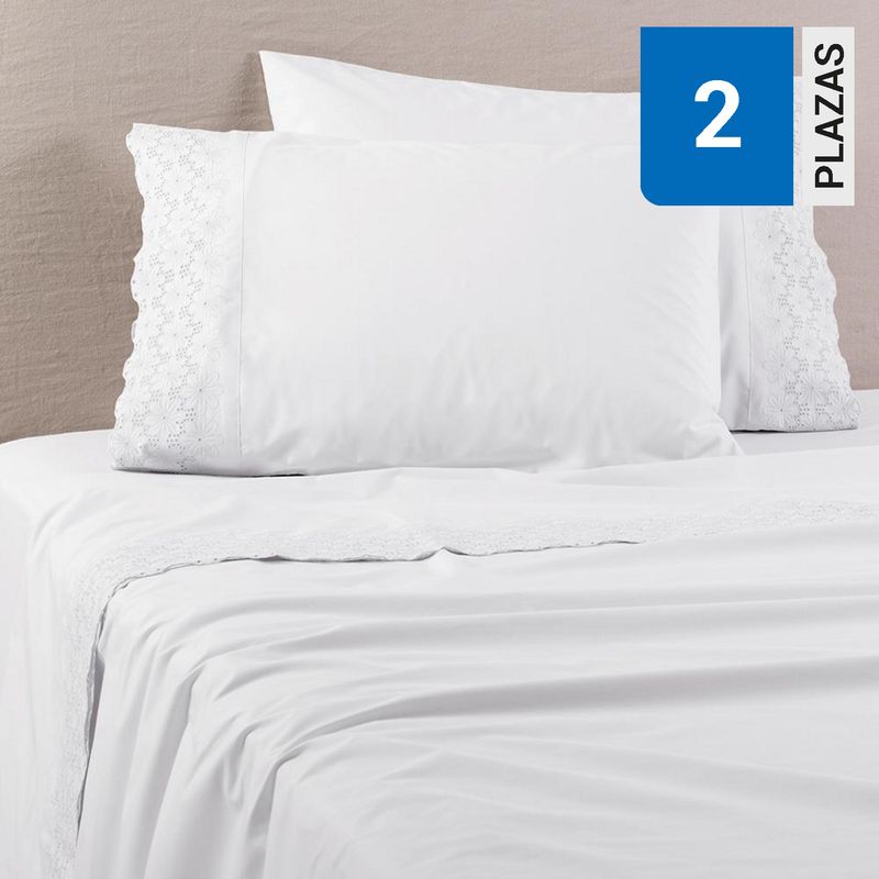 ALESSA - Sábana Bloom 2 plazas 100% algodón 200 Hilos Blanco
