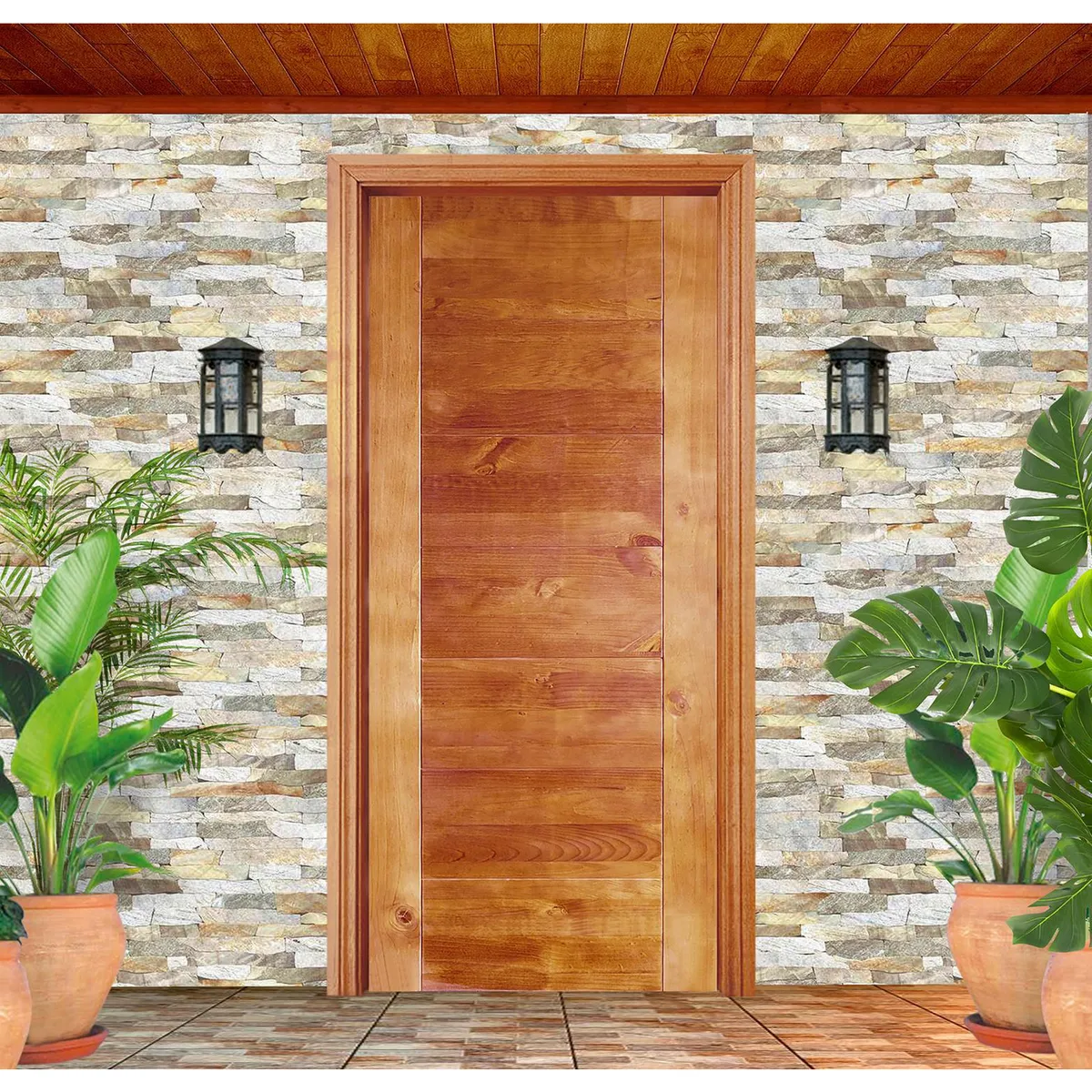 HOLZTEK - Puerta Exterior Madera Pino Radiata 7 Paneles Castaño