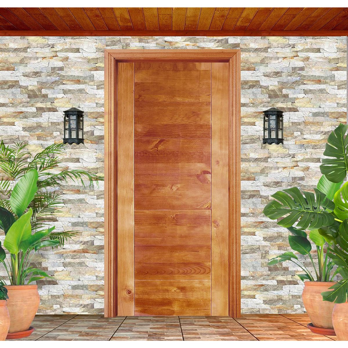 HOLZTEK - Puerta Exterior Madera Pino Radiata 7 Paneles Castaño