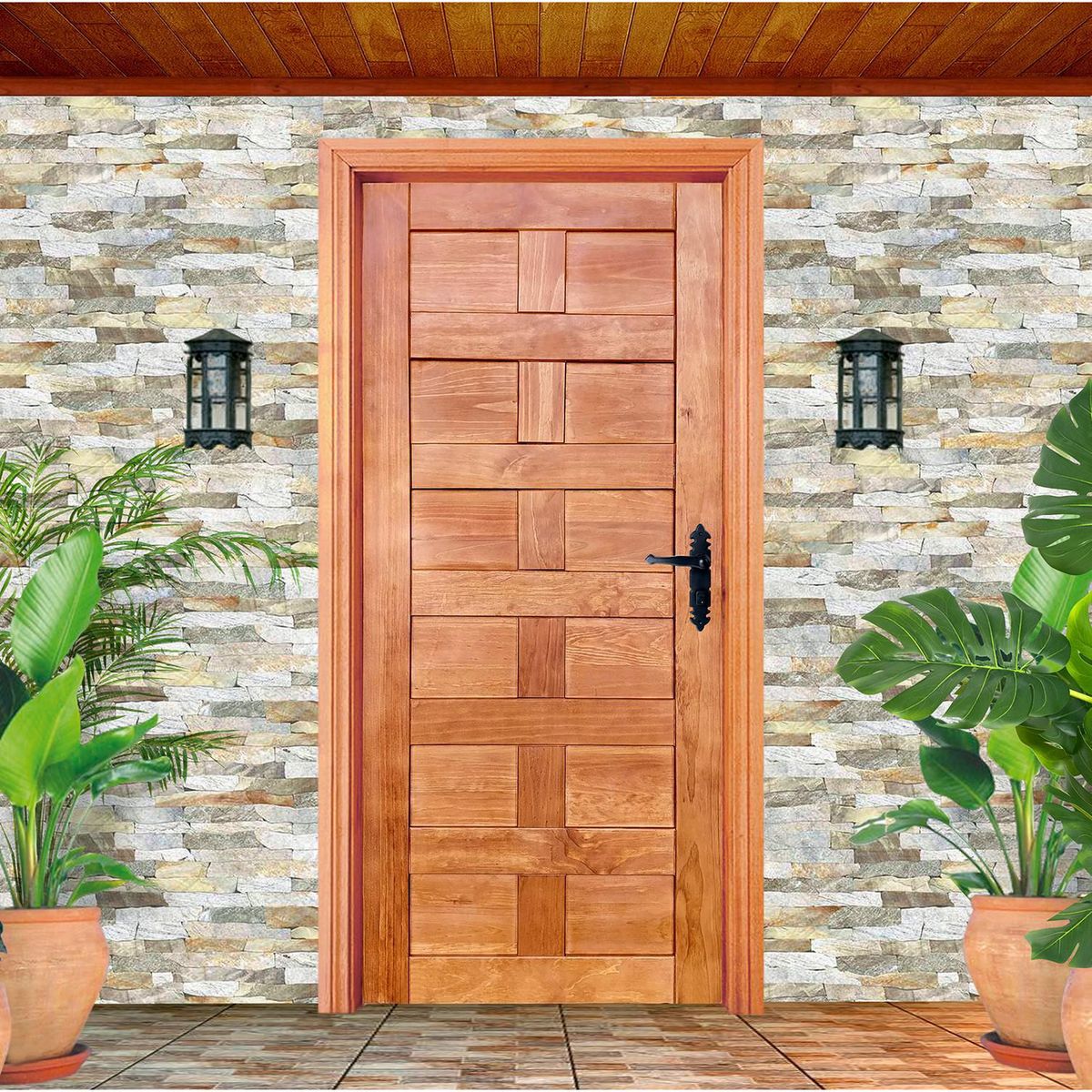 HOLZTEK - Puerta Exterior Madera Pino Radiata Sabella Castaño