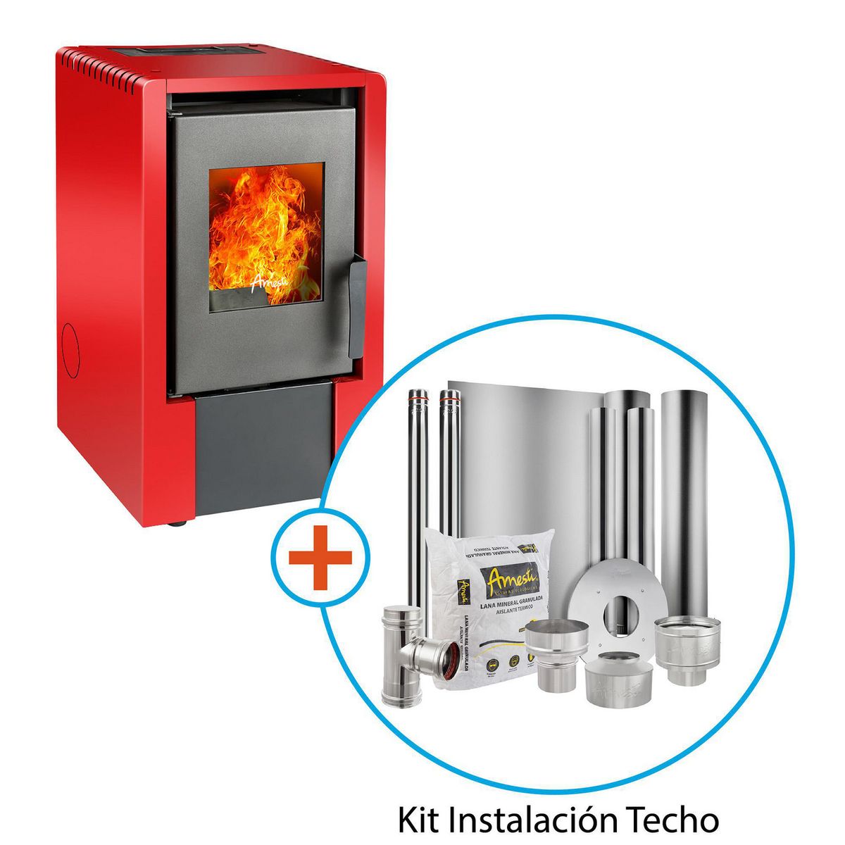 AMESTI - Estufa Pellet Italy 6100 Roja + Kit Instalación Techo Rojo