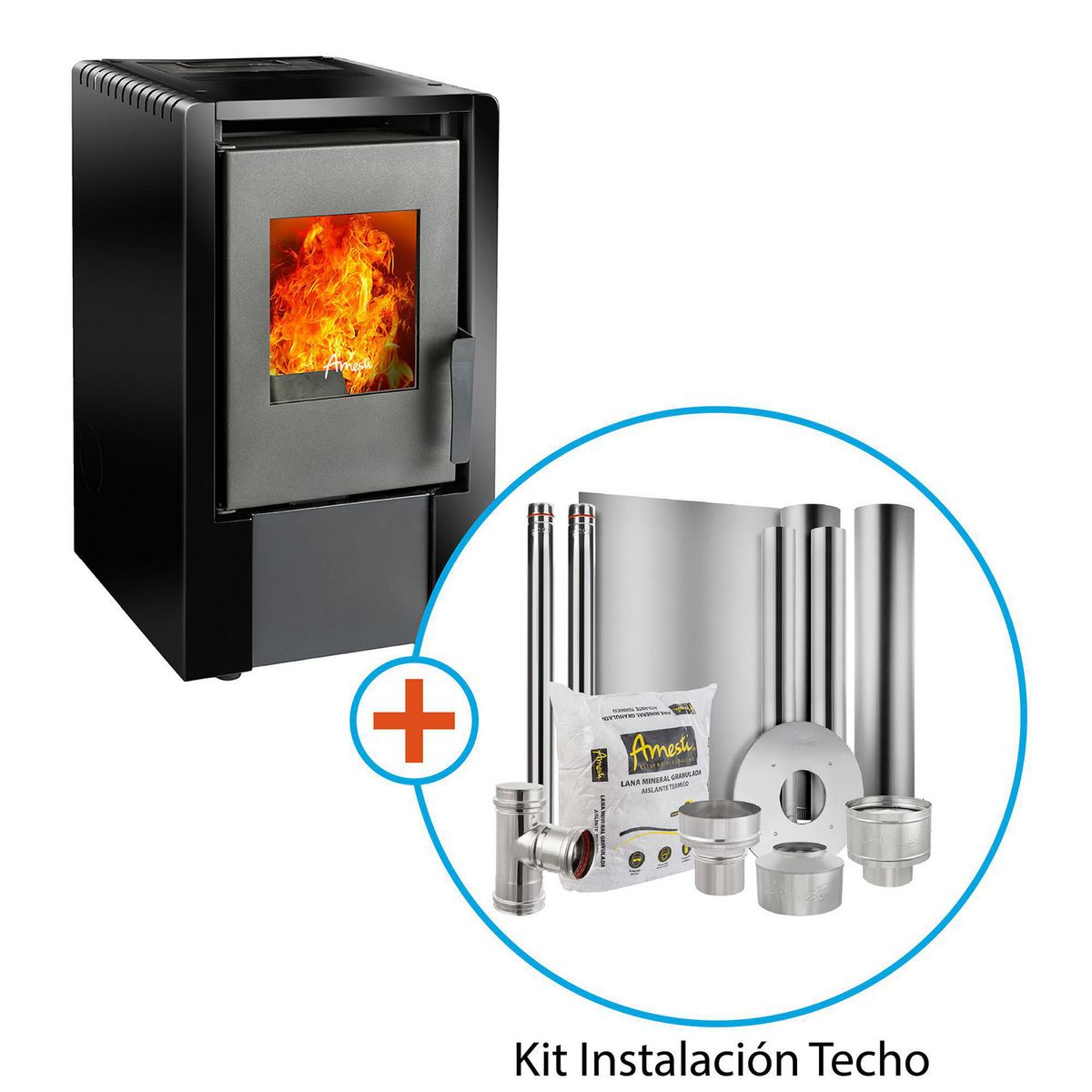 AMESTI - Estufa Pellet 01-265/Kit Instalación Techo Negro