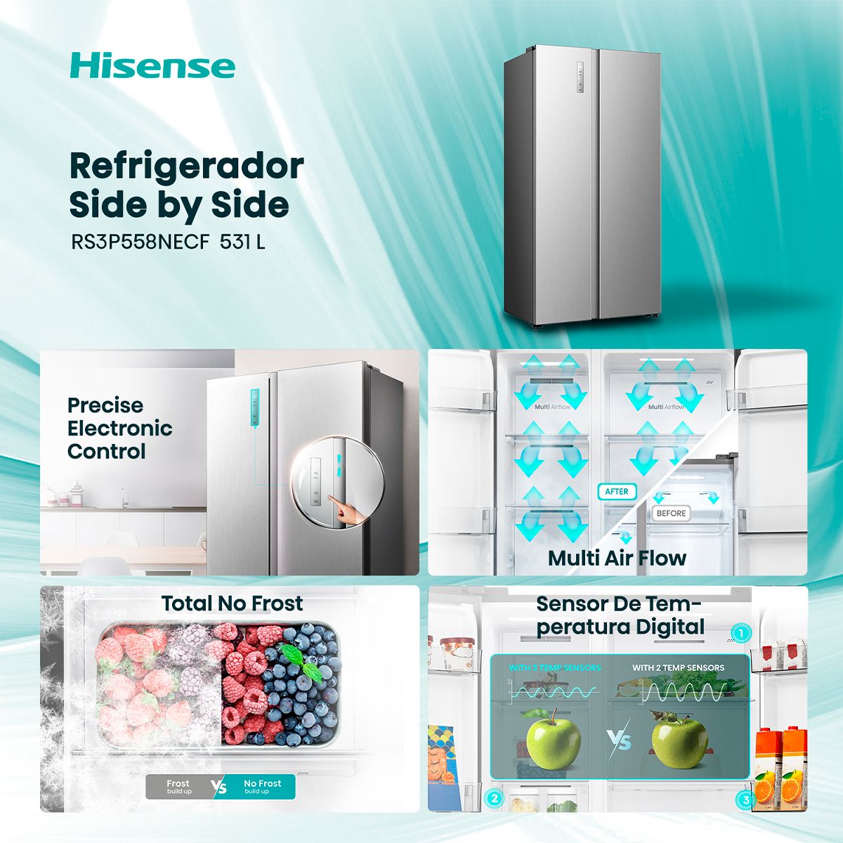 HISENSE - Refrigerador 2 Puertas Side by Side No Frost 531 Litros Inox RS3P558NECF