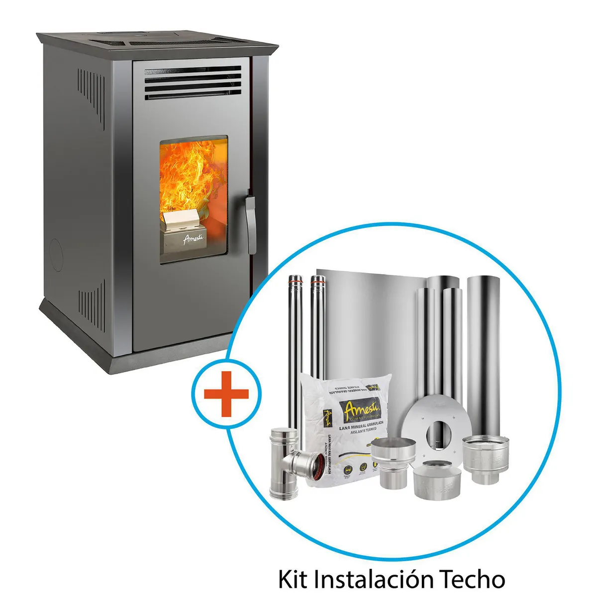 Estufa/Kit Instalación Techo Pellet Italy 8100 Negra Negro, marca AMESTI - Foto Principal