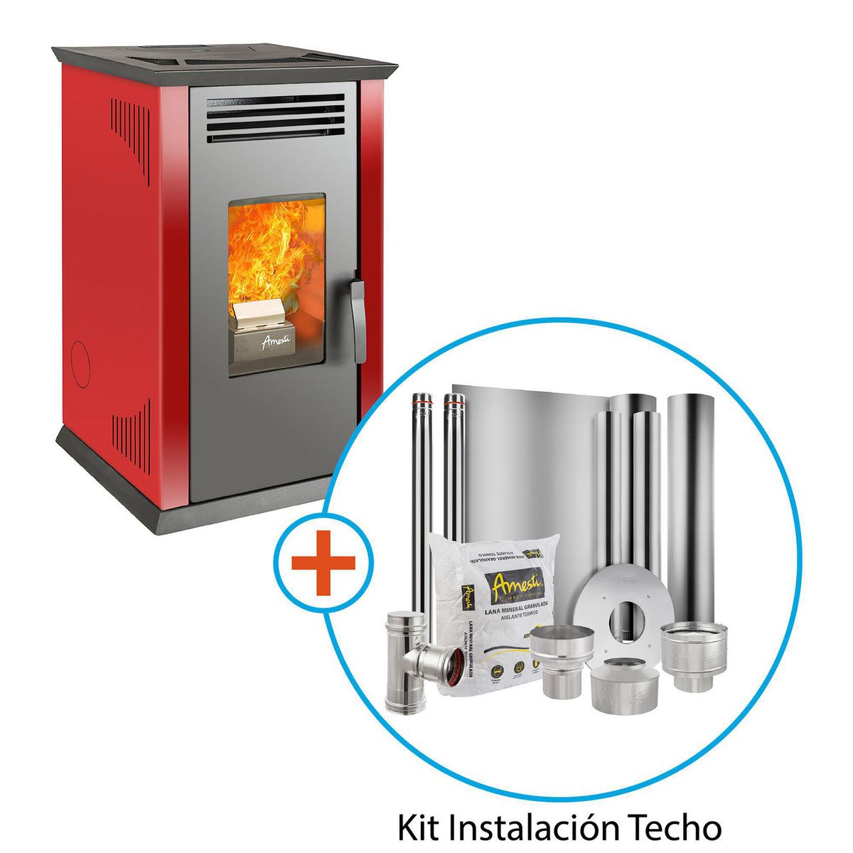 AMESTI - Estufa/Kit Instalación Techo Pellet Italy 8100 Roja Rojo