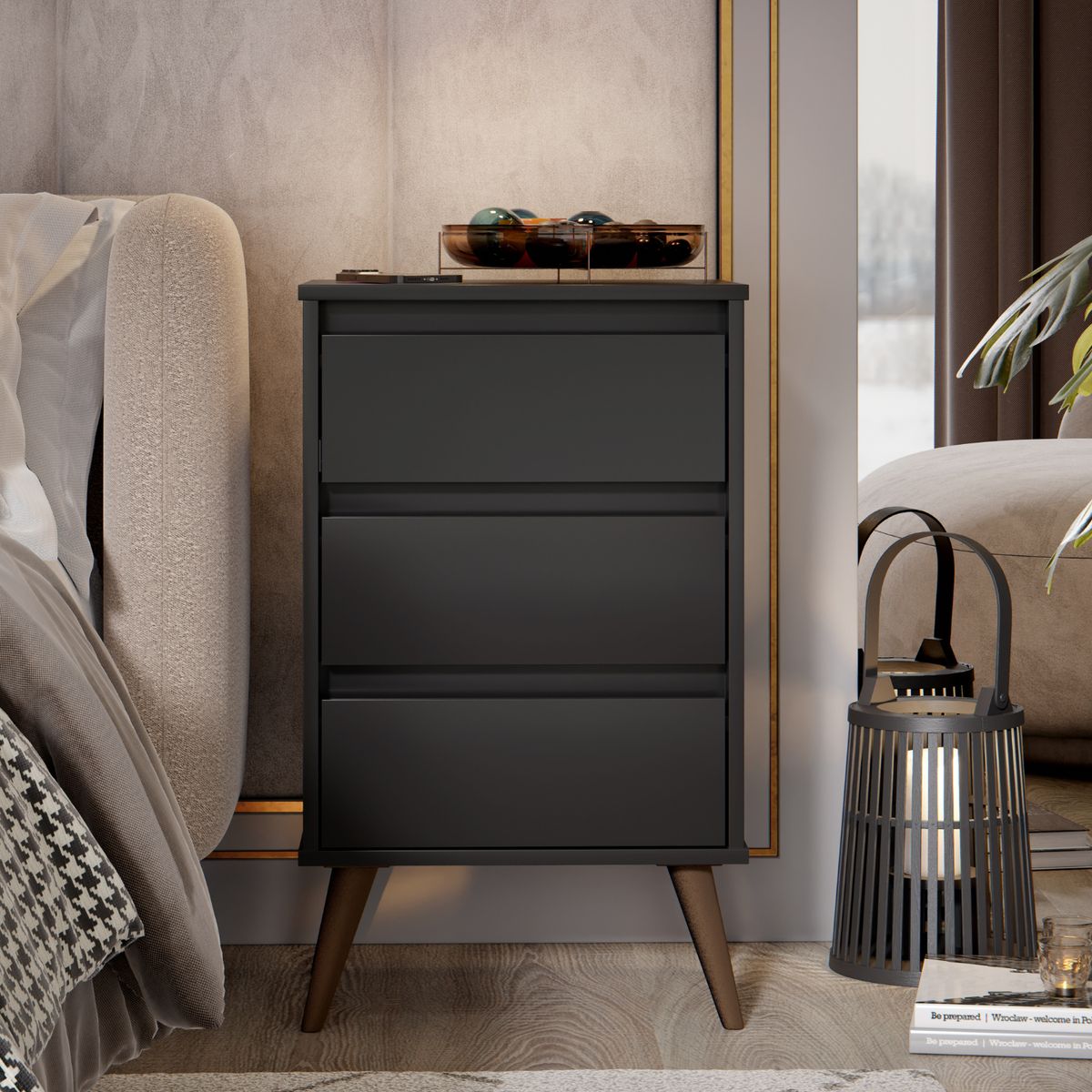 ONESSTA - Velador con Patas 3 Cajón(es) Wood 43.5x71x36 cm Negro