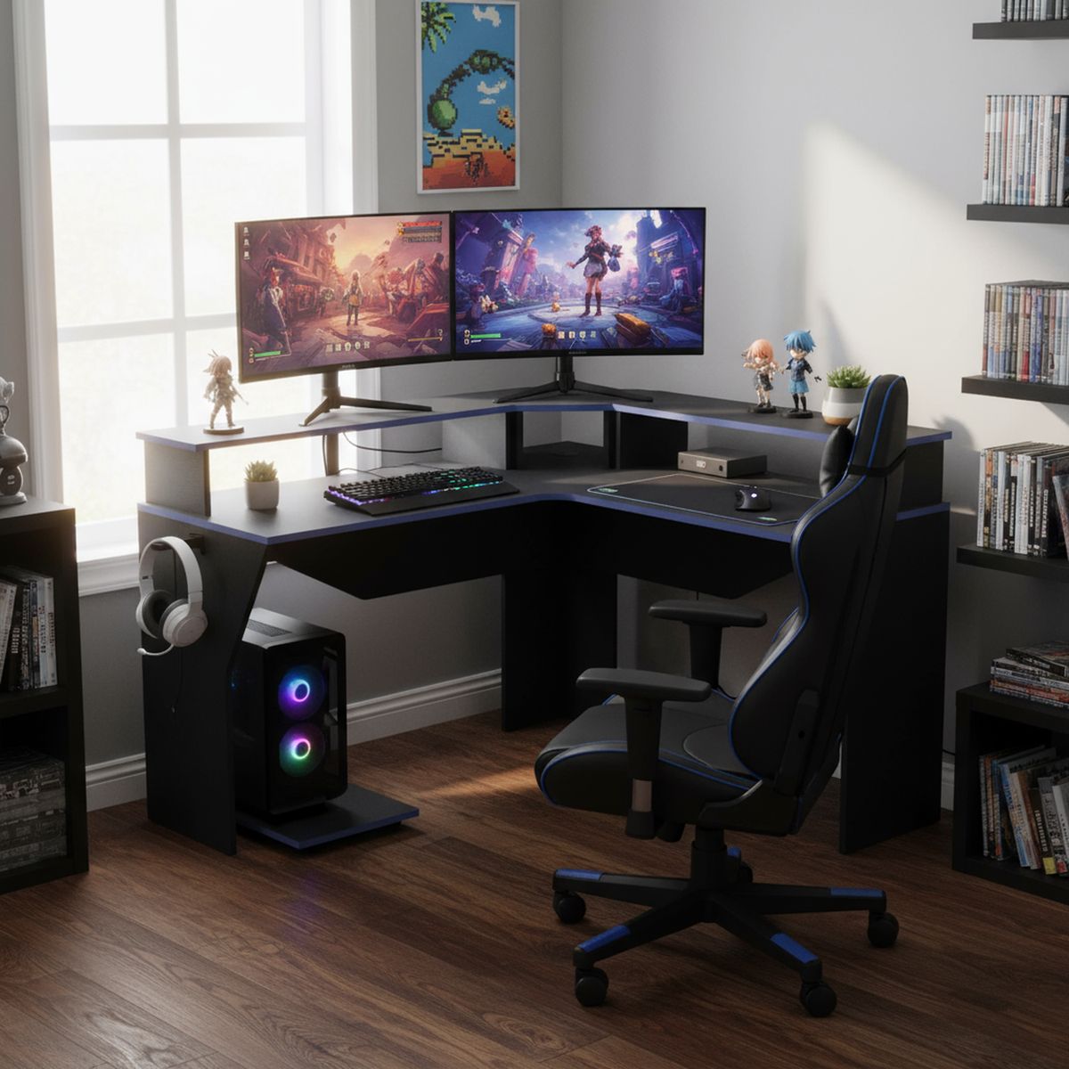 TUHOME - Escritorio en L Esquinero Guma Wengue/Azul 127.9x88.5x127.9 cm