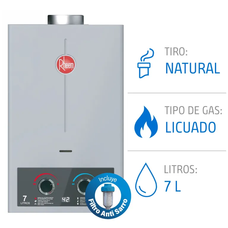 Calefon Gas Licuado 7 Litros Tiro Natural Ionizado + Filtro Antisarro