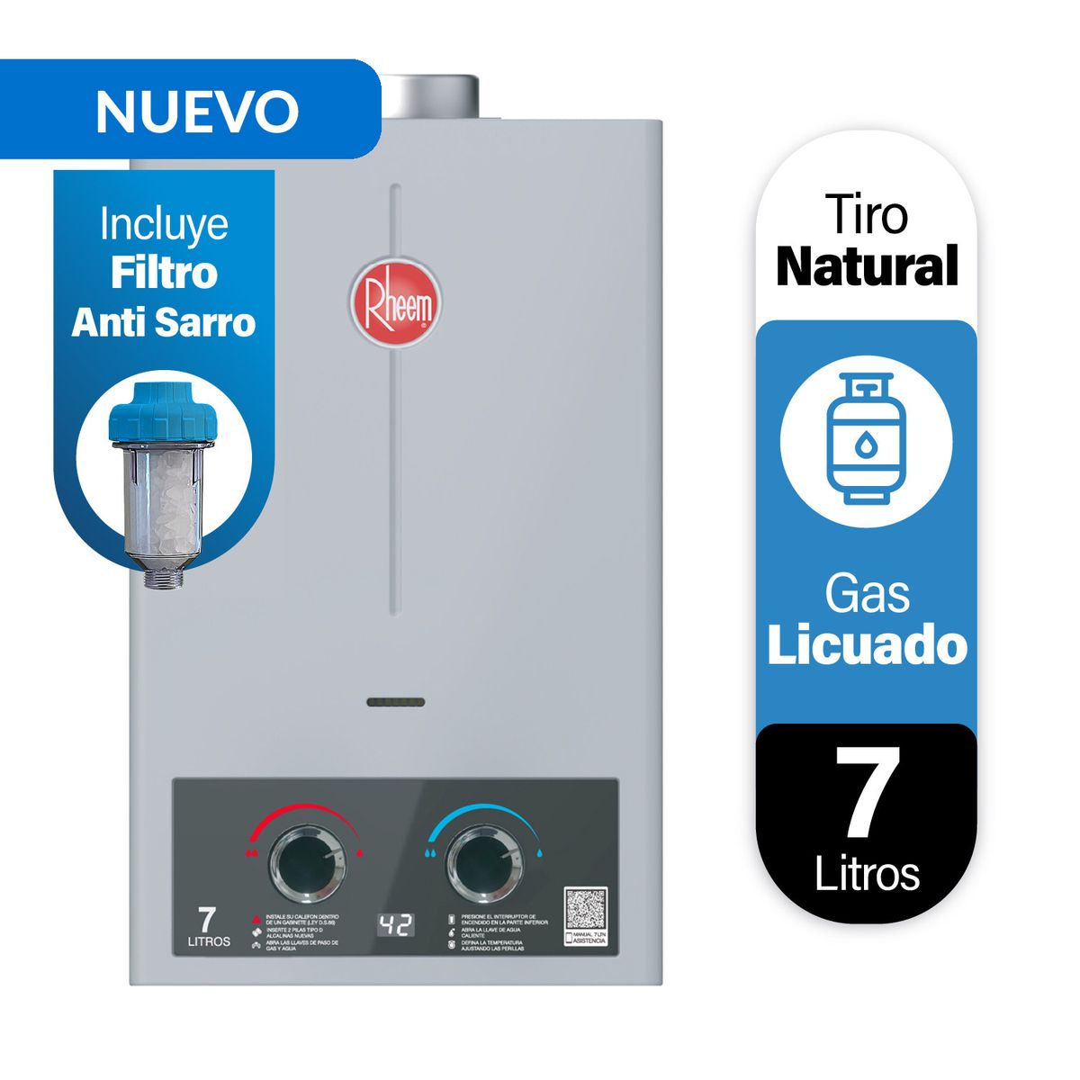 RHEEM - Calefon Gas Licuado 7 Litros Tiro Natural Ionizado, incluye filtro antisarro