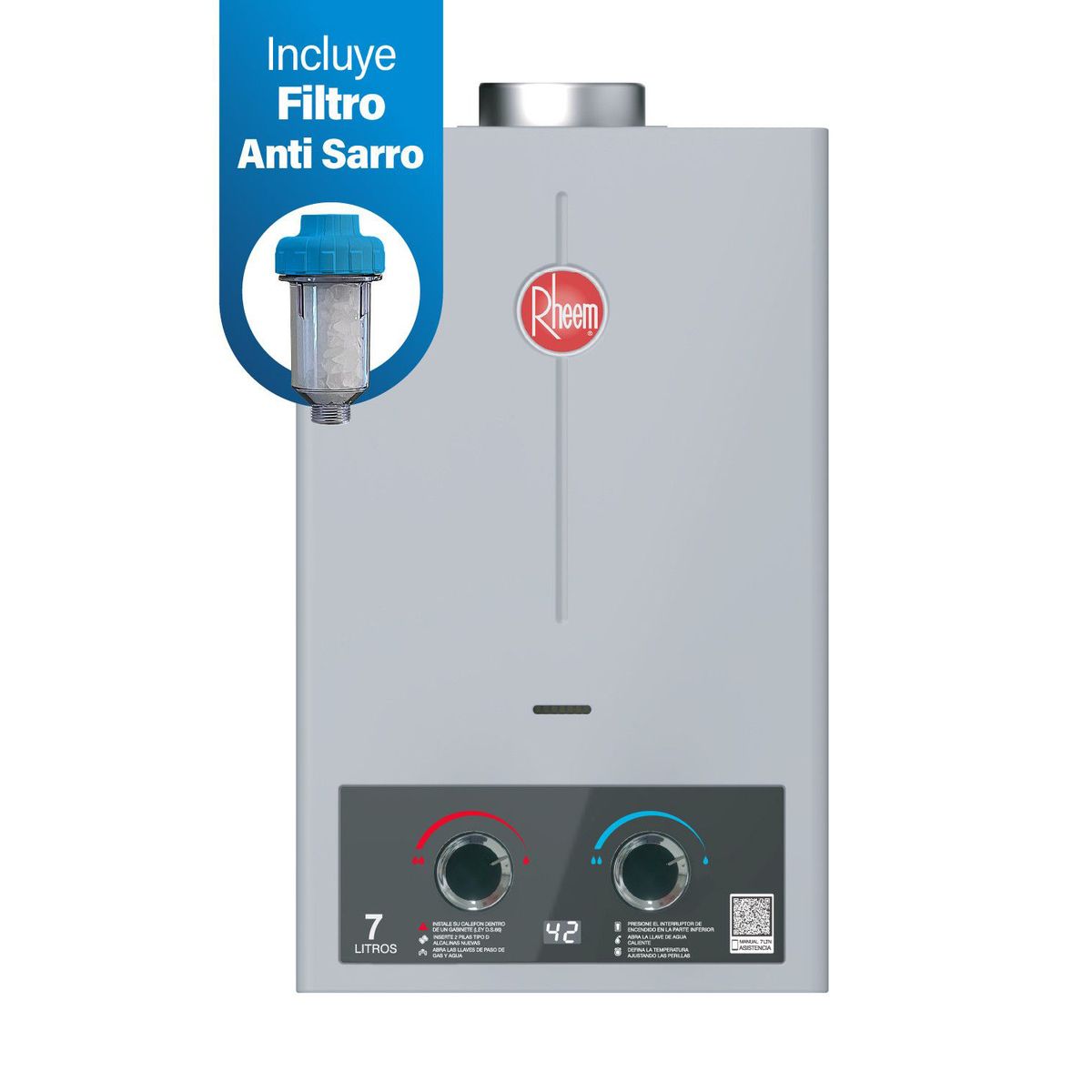 RHEEM - Calefon Gas Licuado 7 Litros Tiro Natural Ionizado + Filtro Antisarro