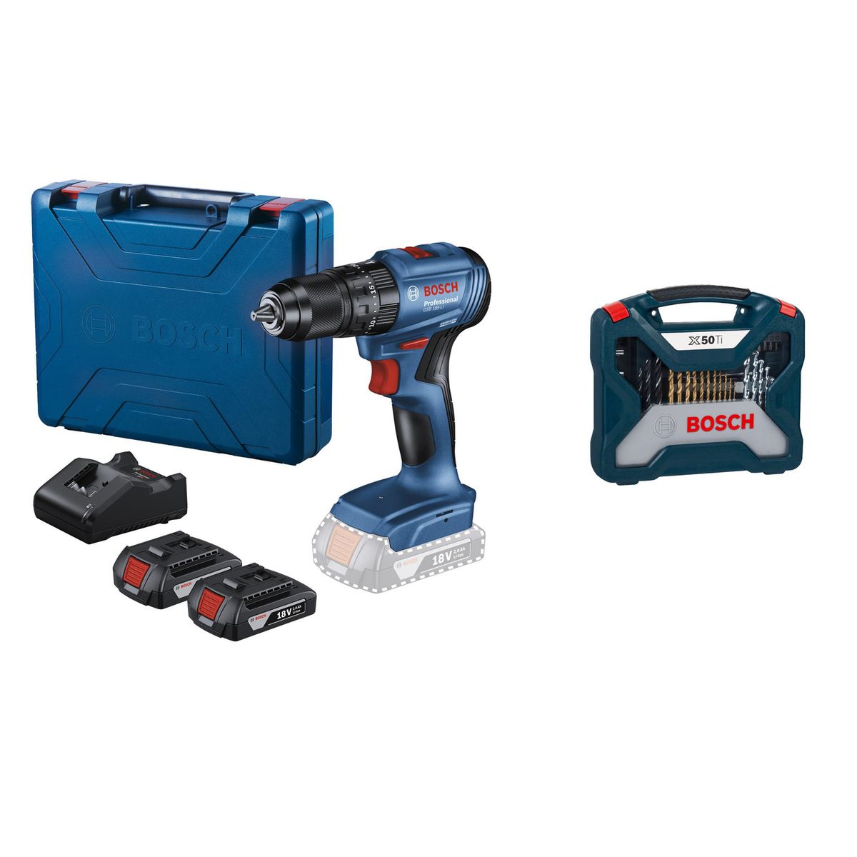 BOSCH - Taladro Percutor Inalámbrico 13 mm 18 V + 2 Baterías + 50 Accesorios