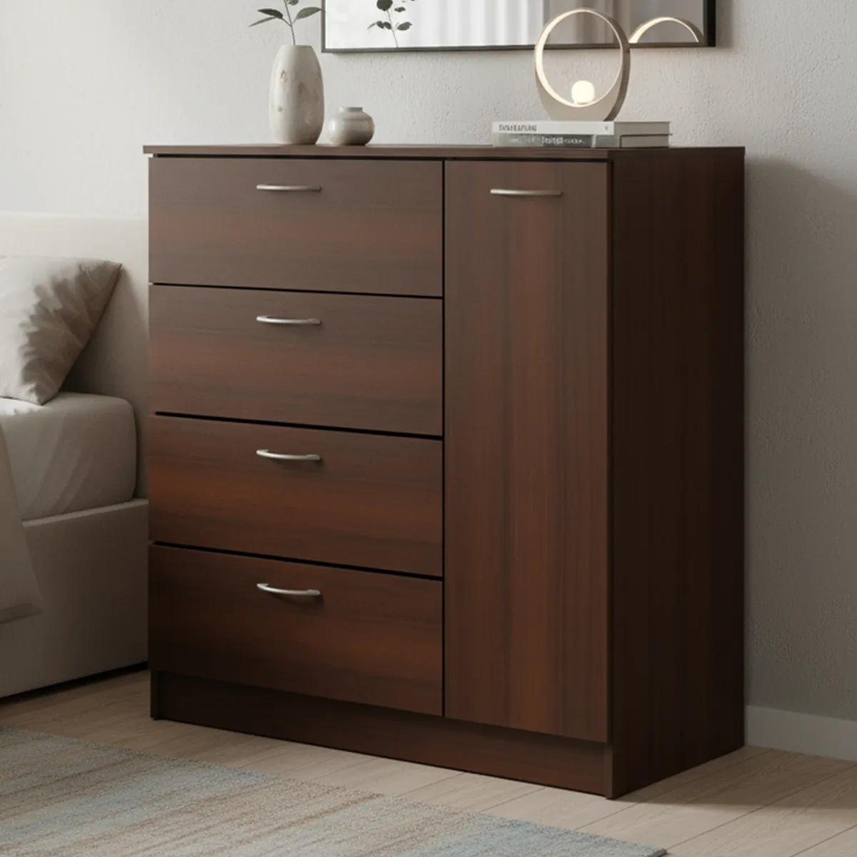 STANFORD - Cómoda 4 cajones 1 puerta chocolate