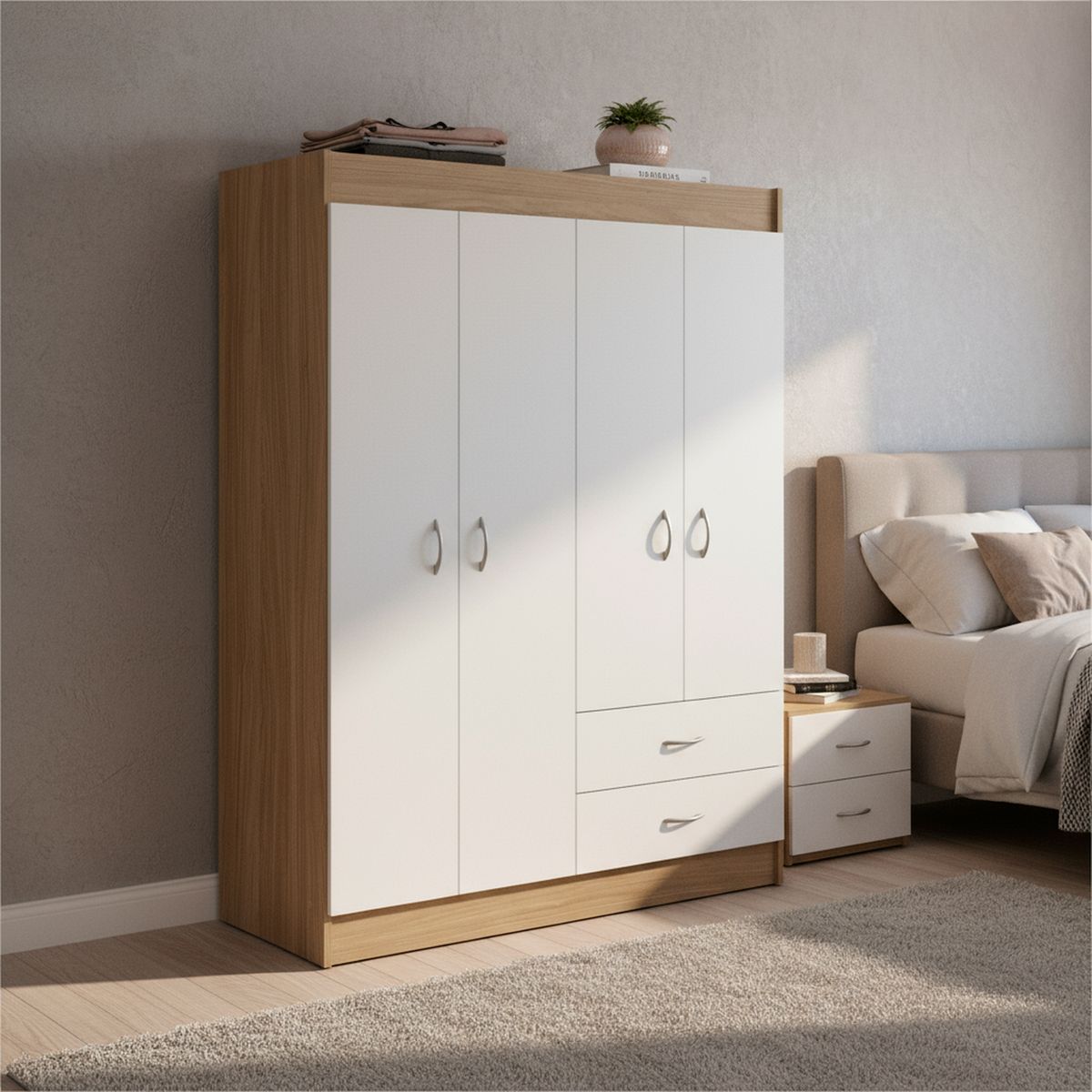 STANFORD - Clóset 4 Puerta(s) 2 Cajón(es) 3 Repisa(s) 102.5x175x39.2 cm Blanco/Natural