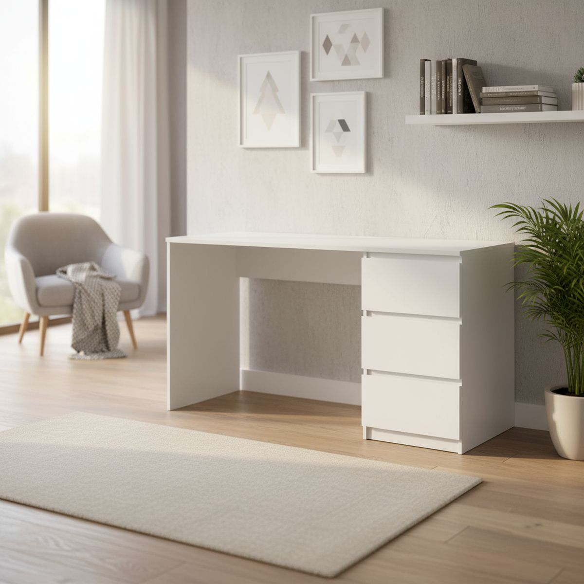 STANFORD - Escritorio 3 Cajones Blanco 136.5x75x45 cm