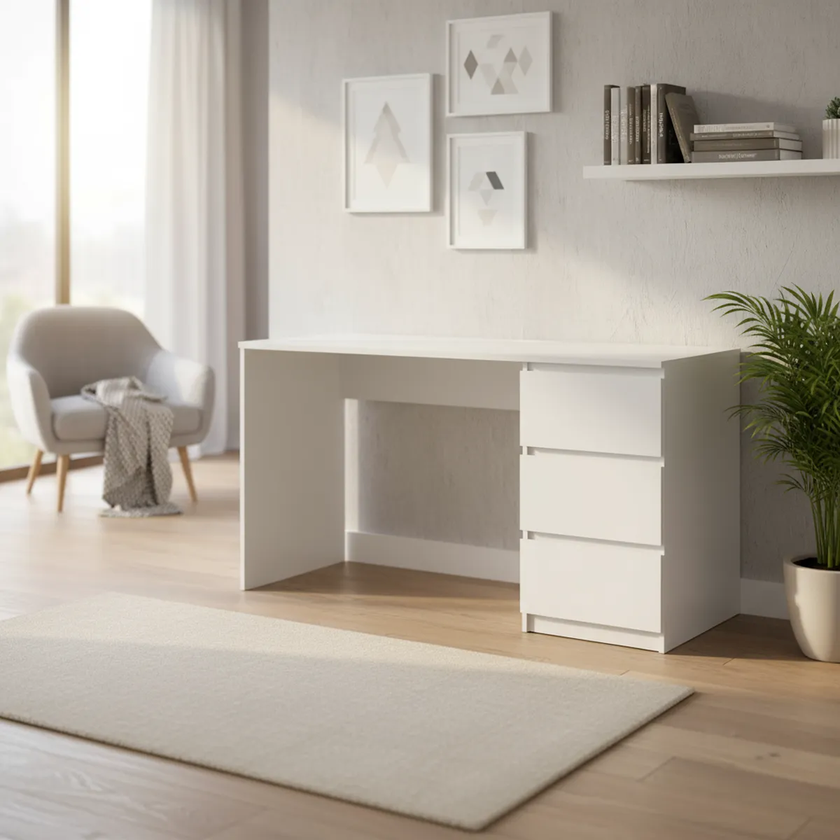 STANFORD - Escritorio 3 Cajones Blanco 136.5x75x45 cm