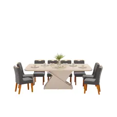 DI PORETTI - Juego de comedor Berlin 8 Sillas Mesa Rectangular 200x100x15 cm Blanco