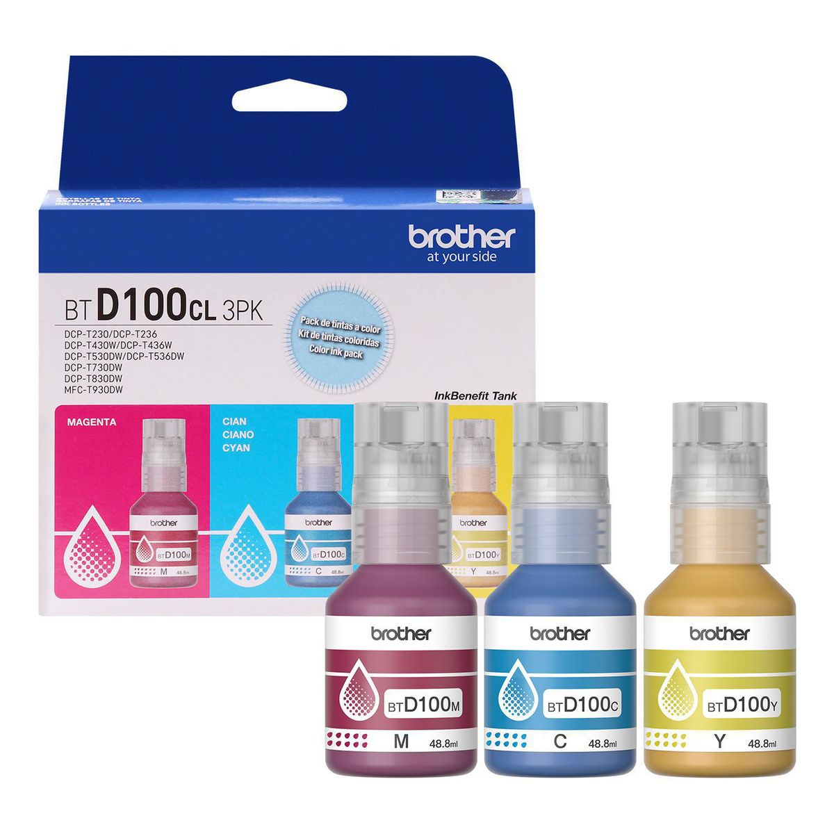 BROTHER - Pack 3 botellas de tinta BTD100CL3PK Cian, Magenta y Amarillo