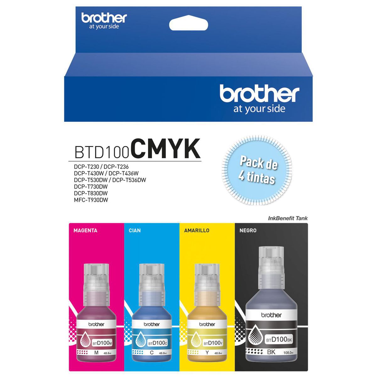 BROTHER - Pack 4 botellas de tinta BTD100CMYK Cian, Magenta, Amarillo y Negro