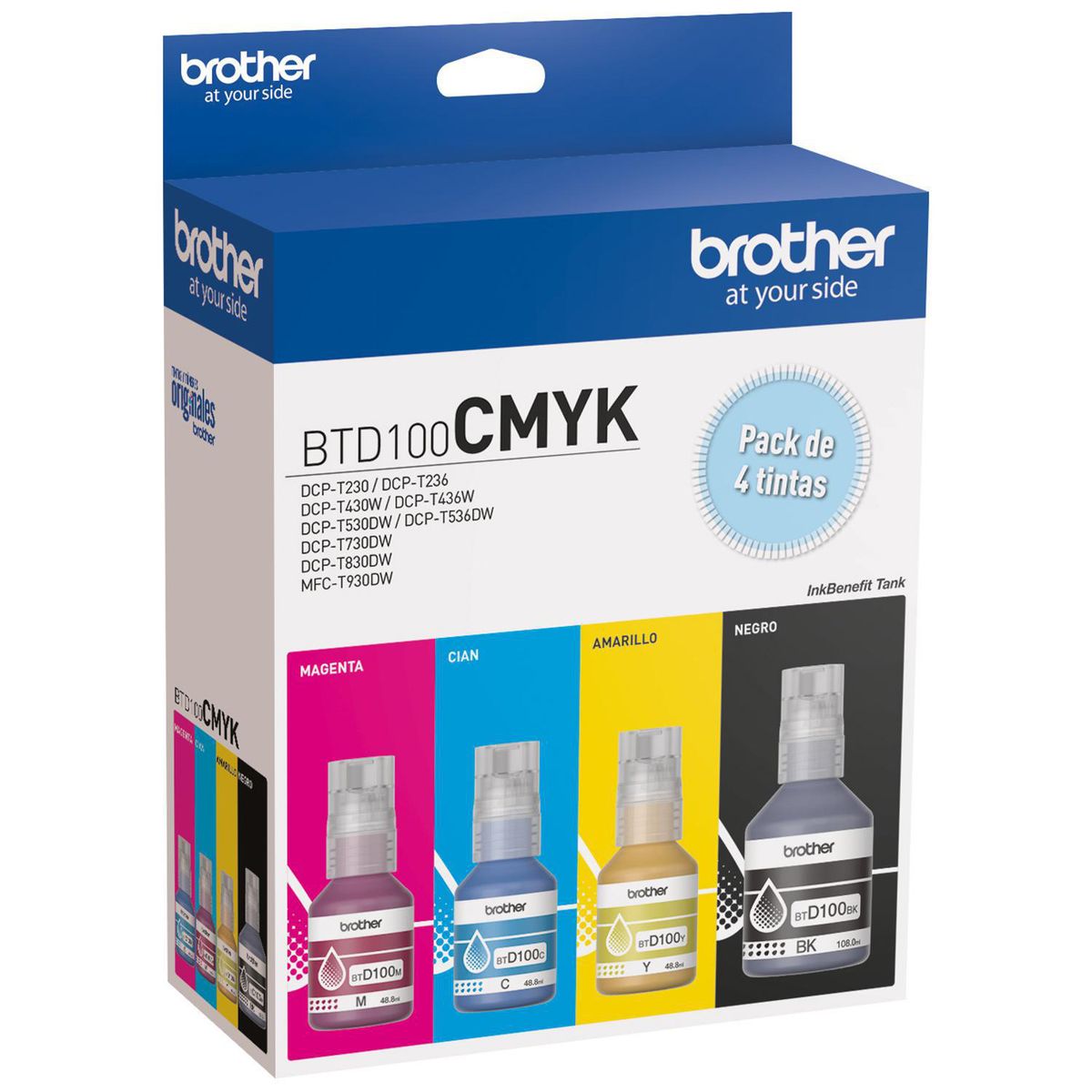 BROTHER - Pack 4 botellas de tinta BTD100CMYK Cian, Magenta, Amarillo y Negro