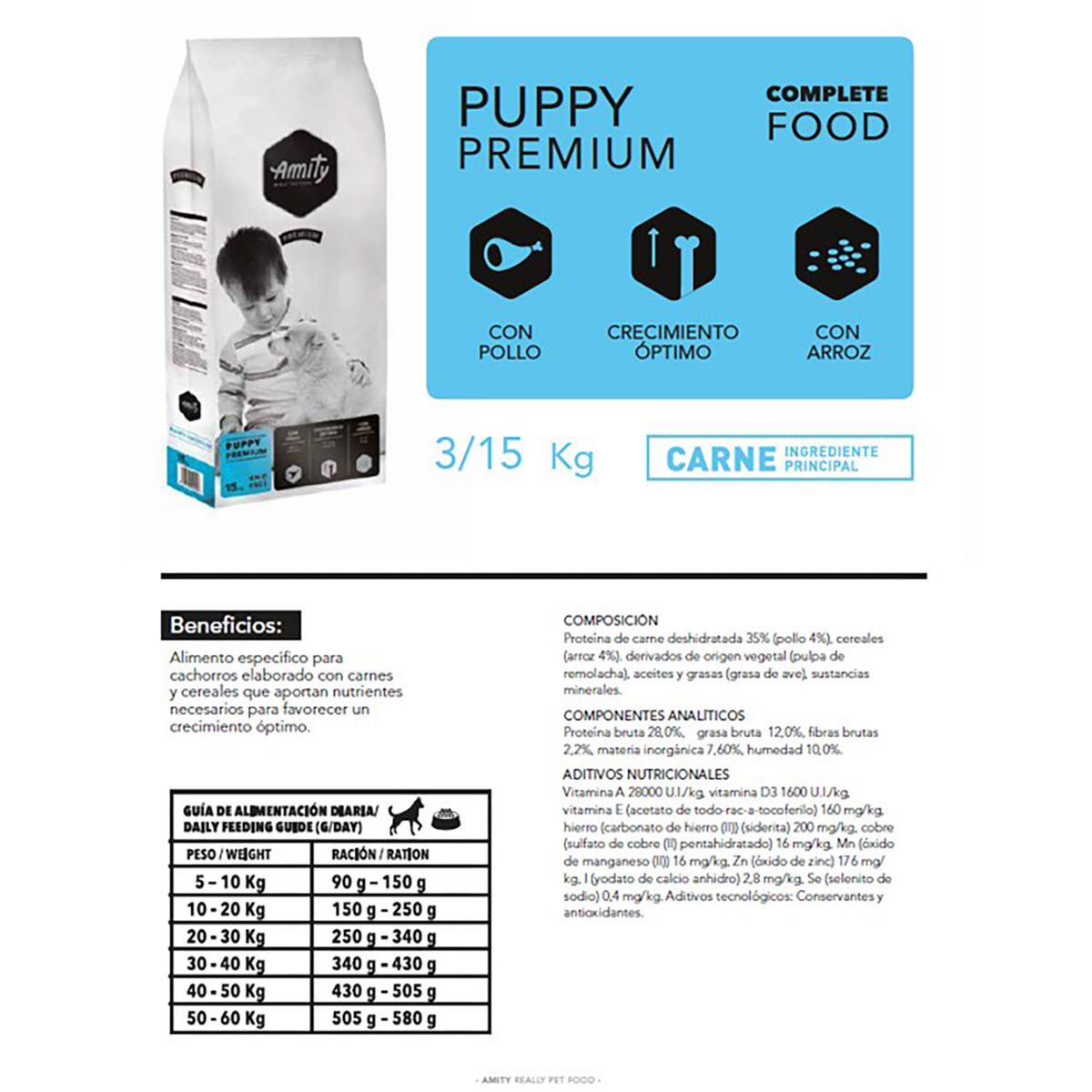 AMITY - Alimento premium para Perro Cachorro Pollo y arroz 3 kg