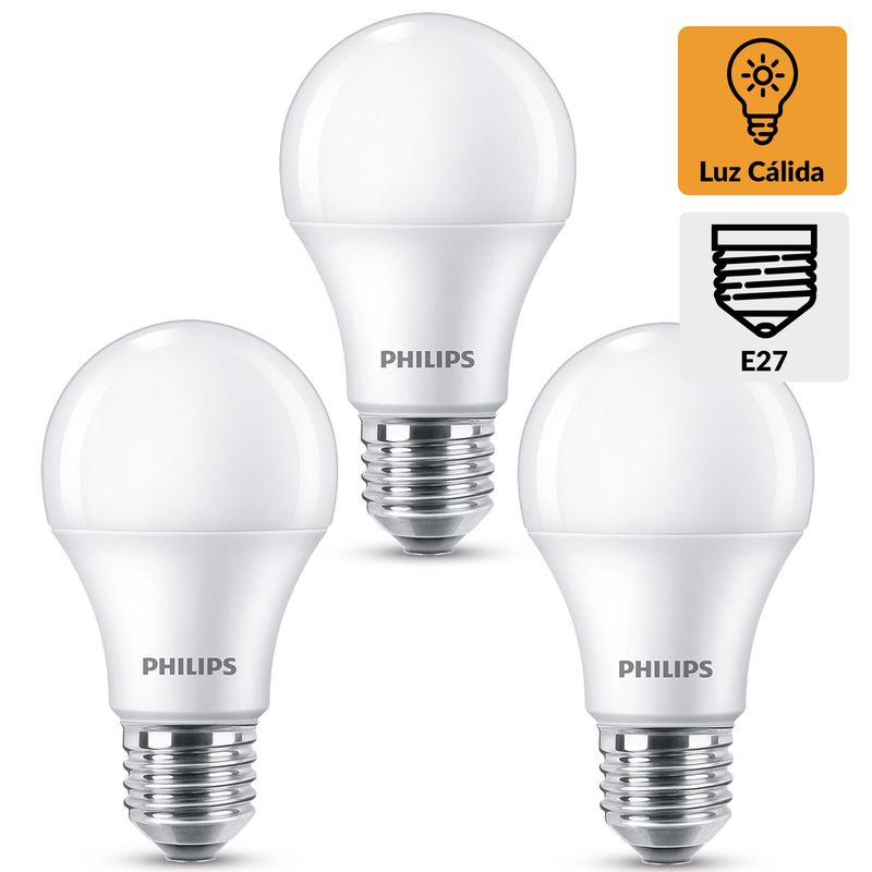 PHILIPS - Pack 3 Ampolletas Led Ecohome 10.5 W E27 900 lm Luz Cálida
