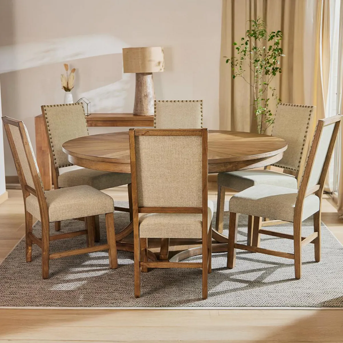 CIC - Juego de Comedor Leeds 6 Sillas Mesa Redonda 76x150x150 cm Roble