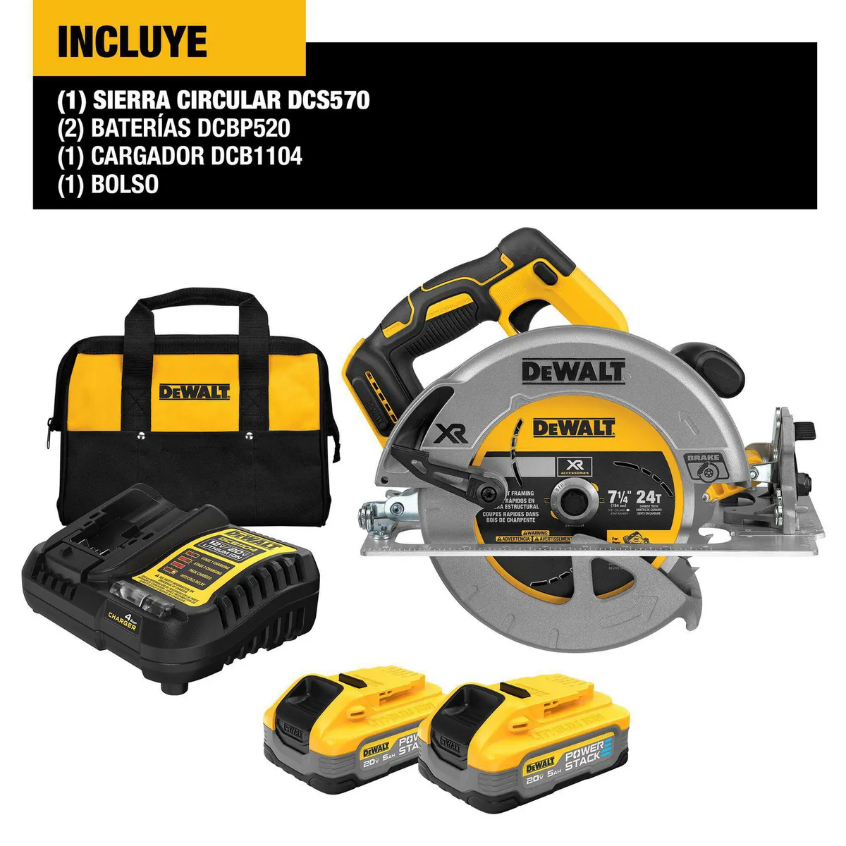 DEWALT - Sierra circular inalámbrica 7 ¼” 20V + 2 baterías + bolso