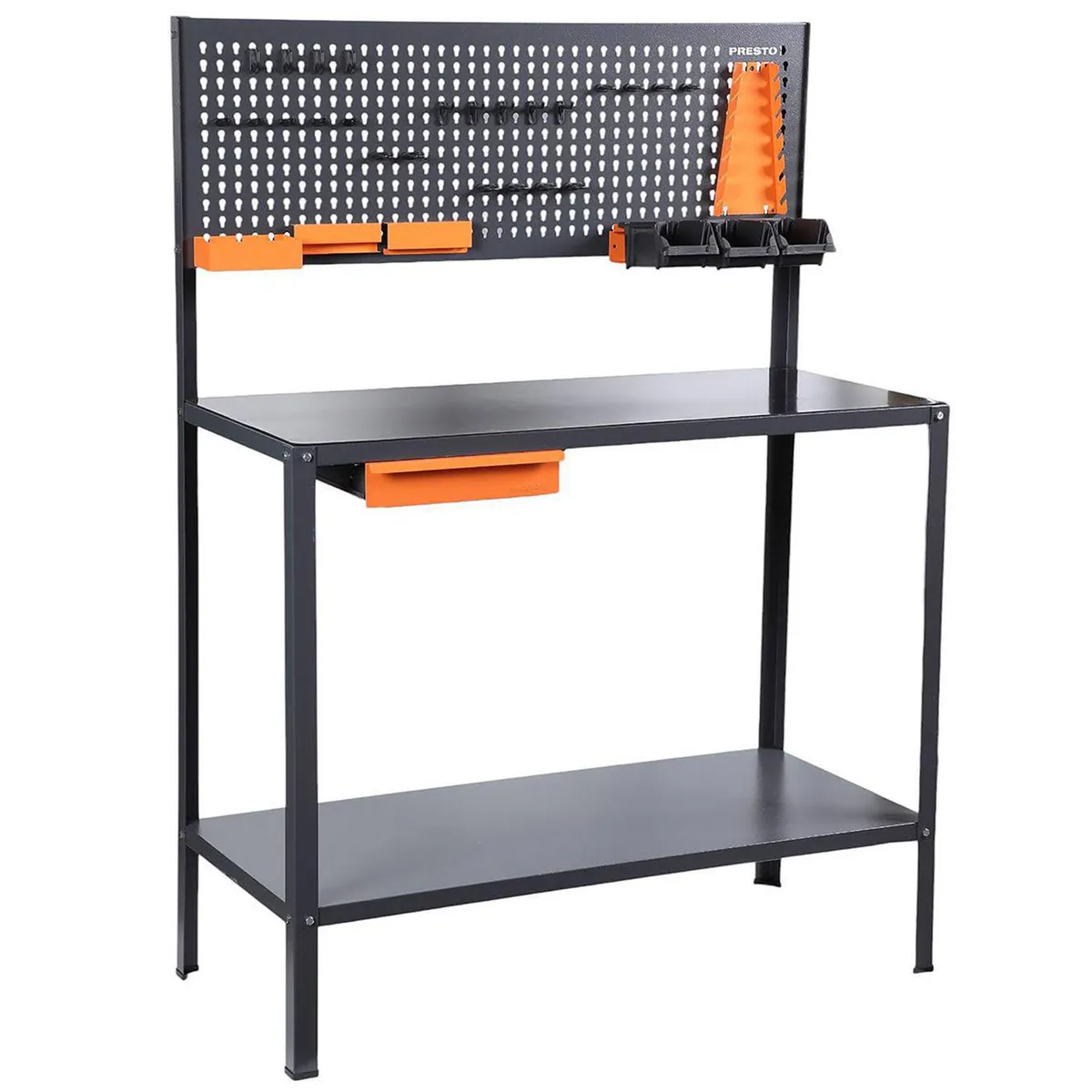 PRESTO - Mesón de trabajo 110 x 50 x 150 cm acero c/panel perforado y cajon