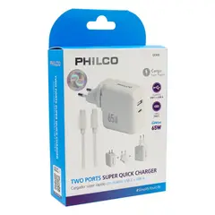 PHILCO - Cargador de Pared Super Rápido 65 W USB Tipo A y C