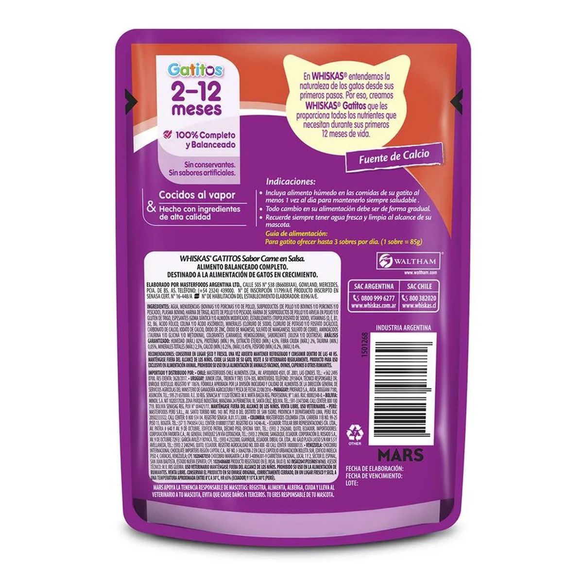 WHISKAS - Alimento Húmedo para Gato Cachorro Carne 0.085 kg