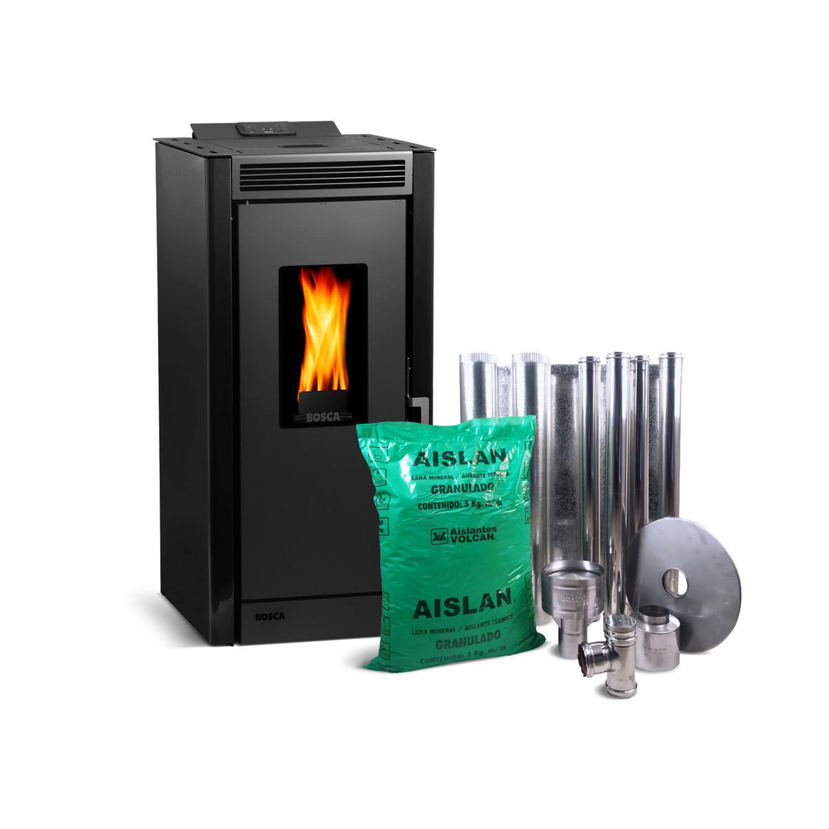 BOSCA - Pack Estufa Pellet Black Vision Negro + Kit Instalación Interior Negro