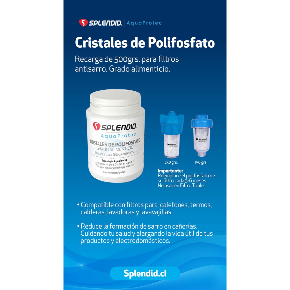SPLENDID - Recarga Cristales Polifosfato 500 gr para Filtros Antisarro