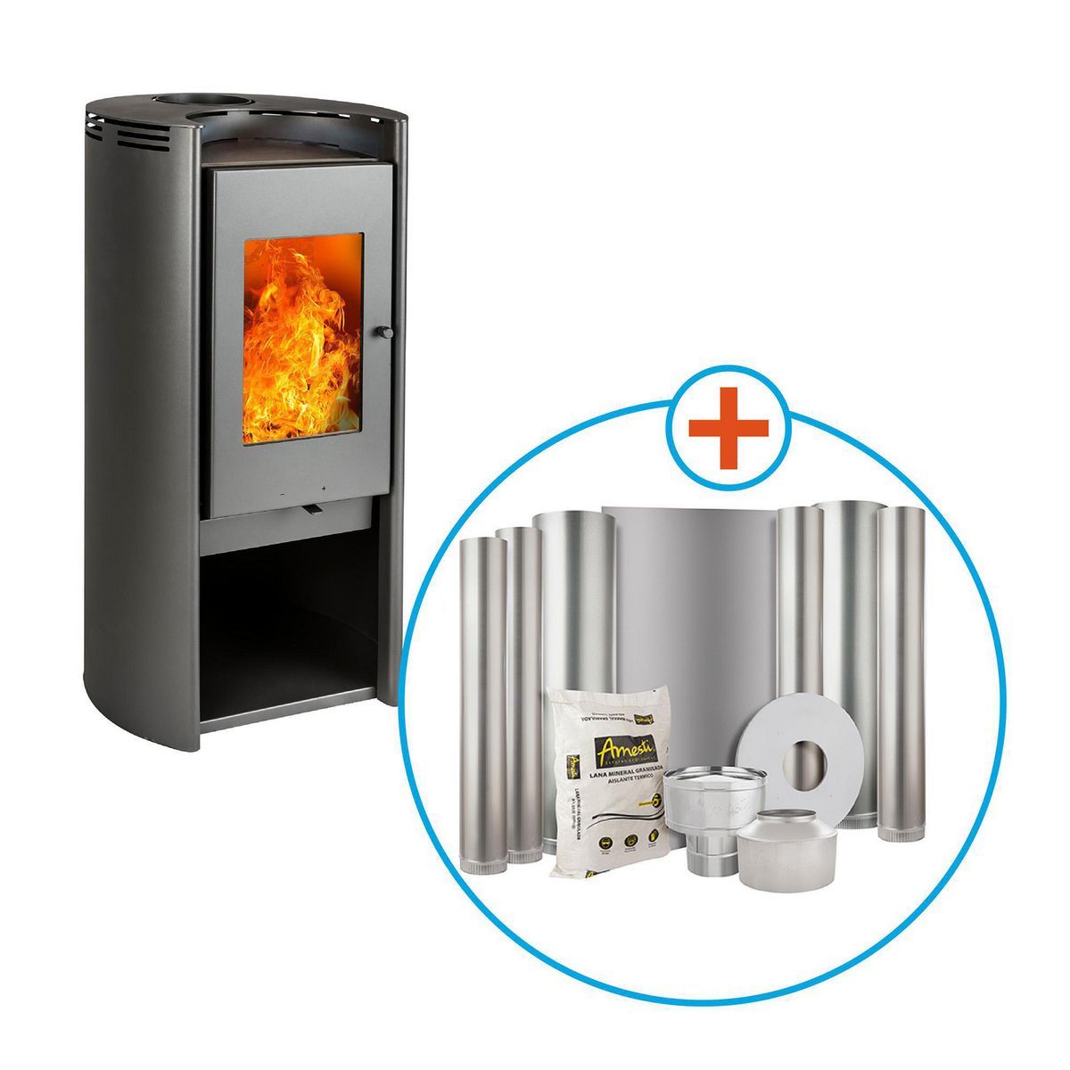 AMESTI - Estufa Leña 01-239 Rondo 450 design + Kit instalación 6" 