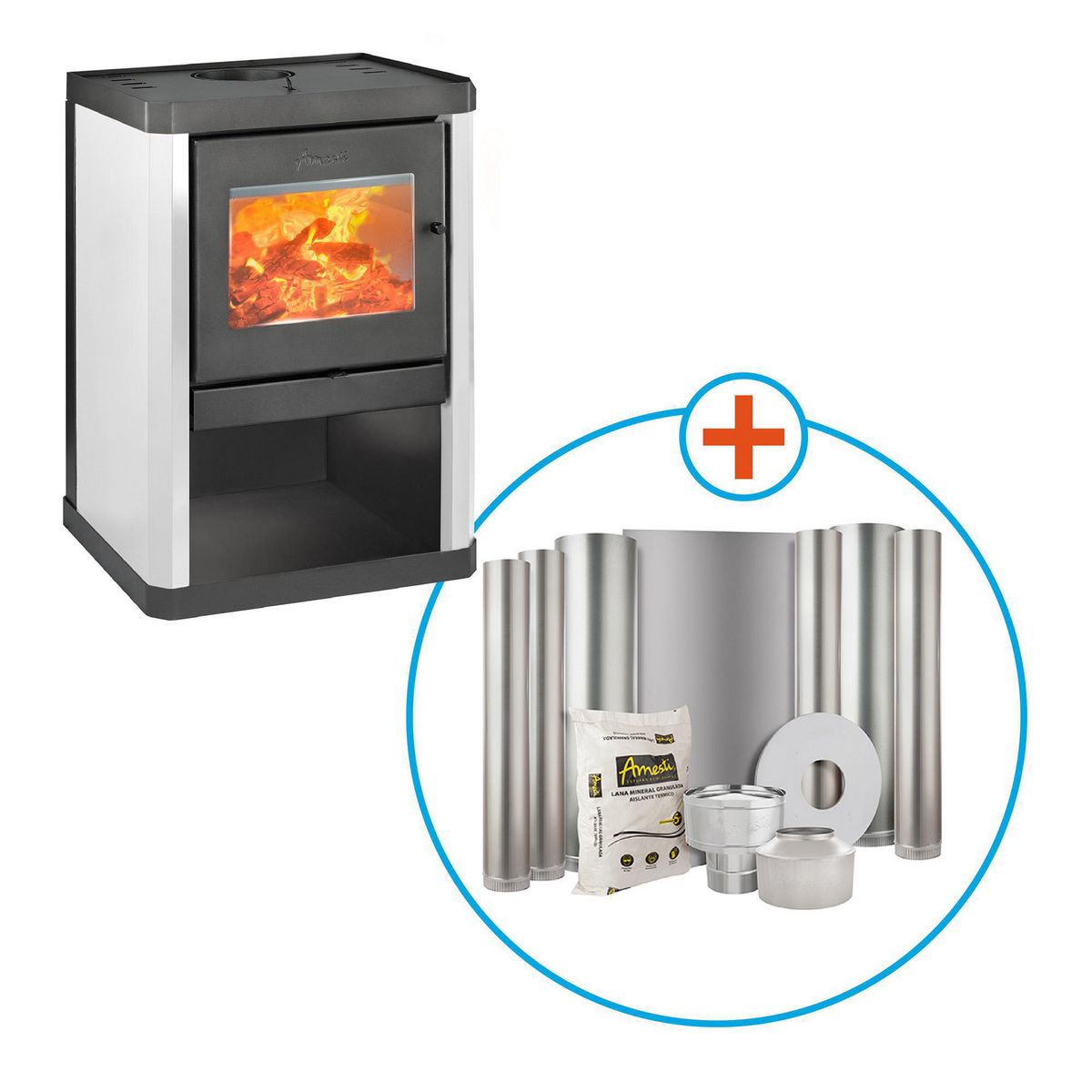 AMESTI - Estufa Leña Classic 400 Blanca + Kit Instalación 6" 