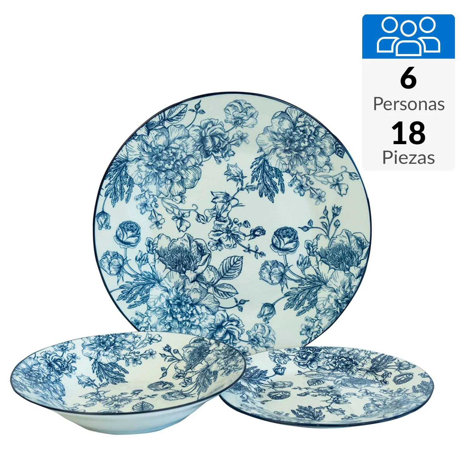 Juego de Loza Vajilla 18 Piezas Porcelana Stella Azul Personas