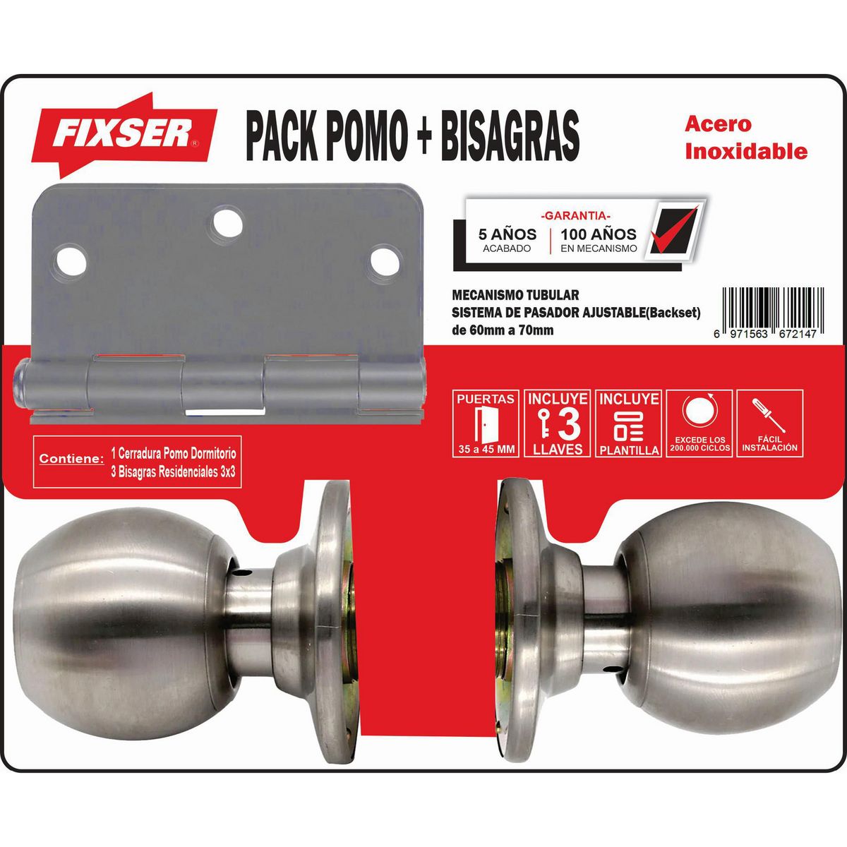 FIXSER - Pack Pomo + Bisagras Cerradura de dormitorio Pomo Gris Pomo