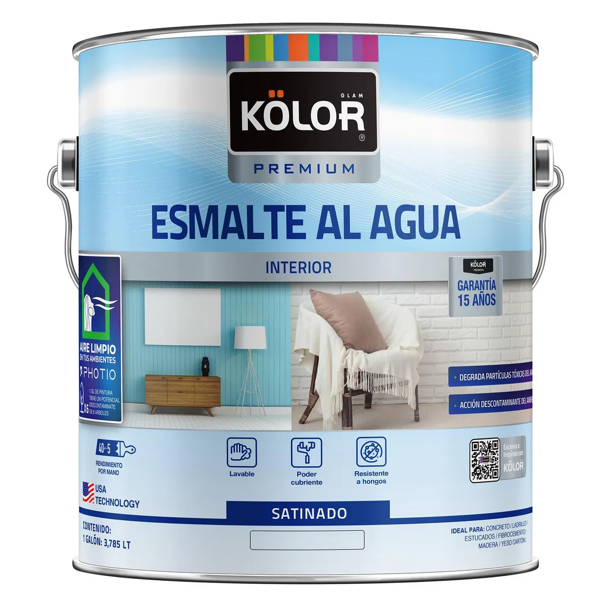 KOLOR - Esmalte al Agua para Interior Tecnología Photio Galón 1 galón(es) Satinado Blanco