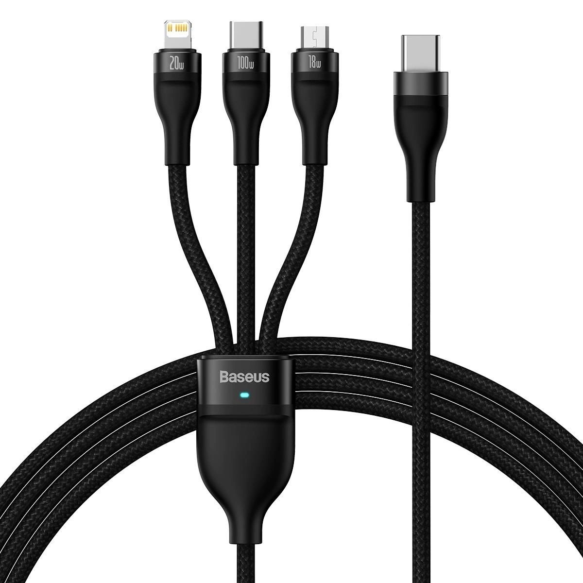 BASEUS - Cable 3 en 1 Type-C a Micro USB + Lightning + USB-C PD 100W 1.5m Negro