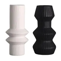 SOHOGAR - Set 2 Jarrones Cerámica Stripes Light 21,5x10,5x10,5 cm Blanco y Negro