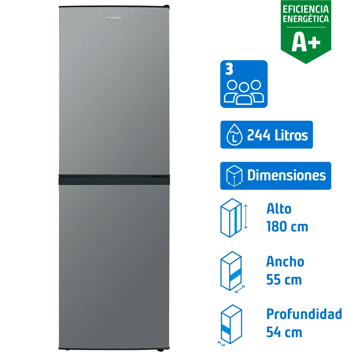 MABE - Refrigerador Bottom Freezer Frío Directo 244 Litros Inox RMB276PXLCX0